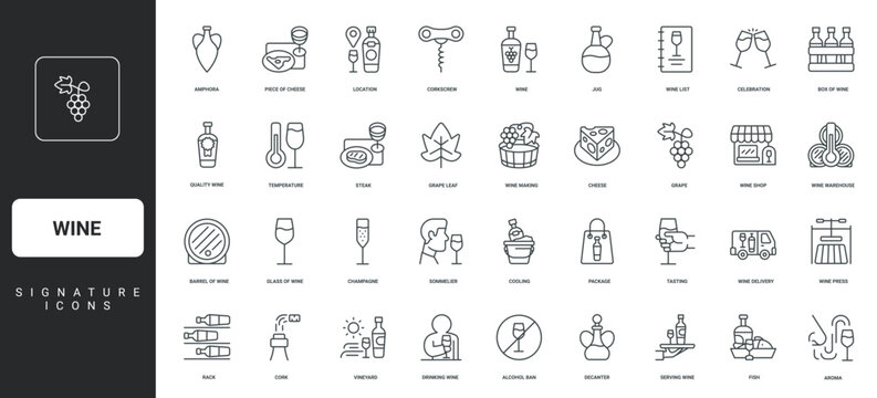 Sommelier and wine serving with fish, steak or cheese thin black symbols vector illustration. Wine and winery, alcohol in glass and bottle, decanter and cellar barrel, vineyard line icon set.