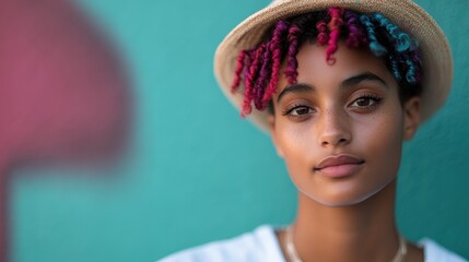 A striking portrait of a young woman with colorful curls, set against a vibrant backdrop, capturing beauty, confidence, and self-expression in contemporary fashion.