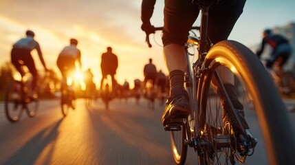 Dynamic scene of cyclists riding towards a stunning sunset, illustrating the energy and freedom associated with outdoor activities and communal experiences in sports.