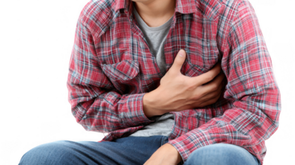 Man is clutching his chest in pain, potentially signaling a heart attack or other serious medical condition, against a transparent background