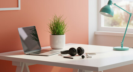 A modern smart office desk with a sleek laptop, wireless headphones, and a green plant, soft daylight,