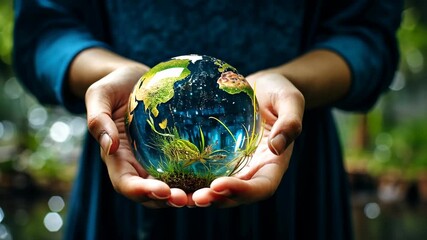 miniature earth in glass sphere in human hands, global unity, ecology sustainability education environmental awareness concept - Powered by Adobe