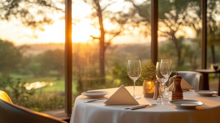 A beautifully set dining table showcases elegant glassware and a warm, inviting atmosphere as the sun sets in the background, perfect for a memorable dining experience.