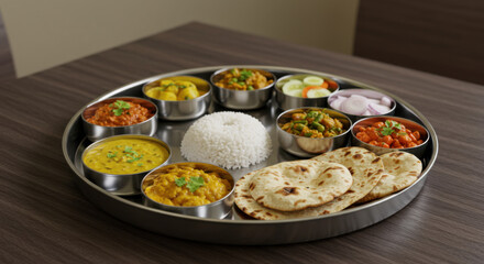 a colorful Indian thali, with various dishes like dal, curry, rice, and naan arranged in a circular pattern. Taken on a traditional metal plate.-	
