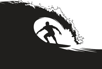 Surfer silhouette riding a large wave isolated on white background