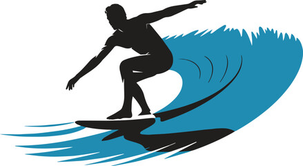 Silhouette of Surfer on Wave. Water, beach, ocean, summer, sport. Vector illustration on white background