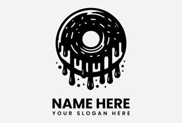 Stylish monochrome donut logo design with dripping icing, perfect for a bakery or dessert brand.