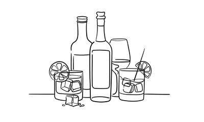 Alcohol with 2 glasses continious line drawing. Whiskey, wine glasses with drinks. Cheers toast festive decoration for holidays. Vector illustration	