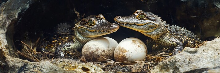 Baby crocodiles emerging from eggs in a nest