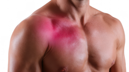 Close up of a male torso highlighting a painful red inflamed pectoral muscle strain, ideal for medical and healthcare publications on transparent background