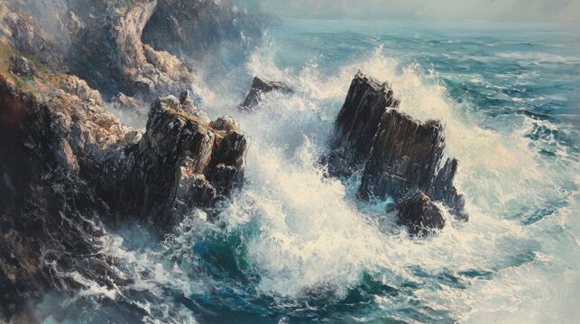 Birda eye view of a coastal cliff, jagged rocks surrounded by crashing waves