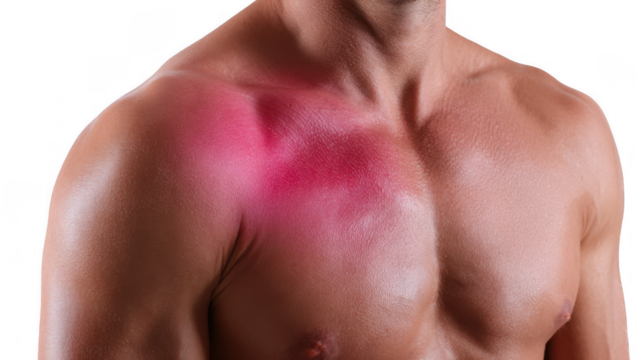 Close up of a male torso highlighting a painful red inflamed pectoral muscle strain, ideal for medical and healthcare publications on transparent background