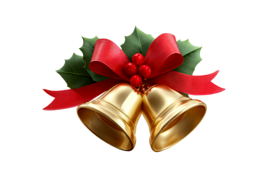 Golden bells decorated with holly and red ribbon for festive occasions