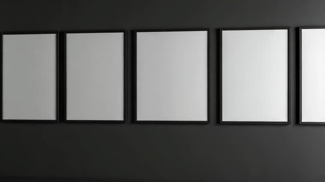Five blank black picture frames hung on a dark gray wall create a minimalist gallery display for art presentations and contemporary interiors
