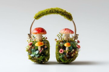 Headphones covered with green moss and with cute mushrooms and flowers