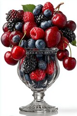 Lots of berries in a glass - cherry, strawberry, blueberry, blackberry, rasperry - on white background