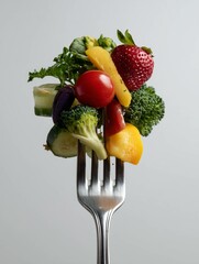 A fork with vegatables pieces on it - broccoli, tomato, pepper, cucumber, lettuce and strawberry