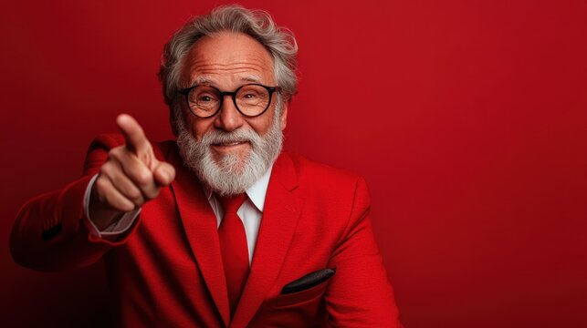 A joyful older man wearing a bright red suit points playfully at the viewer with a warm smile, evoking feelings of positivity, enthusiasm, and warmth in a vibrant red background.