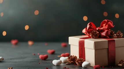 A beautifully wrapped gift box rests elegantly against a dark backdrop, adorned with festive decorations, evoking the excitement of giving and receiving.
