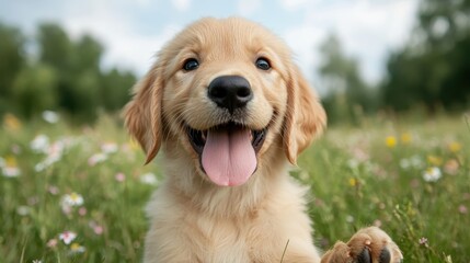 An adorable golden retriever puppy playfully sitting in a flower-filled field, radiating cuteness, joy, and the innocence of youth in a natural setting.