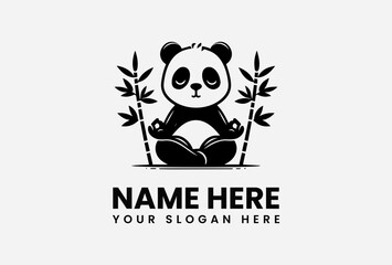 Panda bear in lotus position meditating with bamboo stalks behind it, logo template.