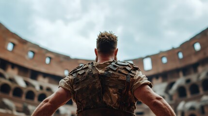 A powerful gladiator stands defiantly in the ancient arena, representing strength and valor, amidst a backdrop of rich history and dramatic skies.