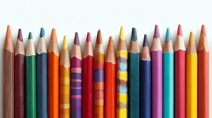 Collection of sharpened colored pencils in a row on white background