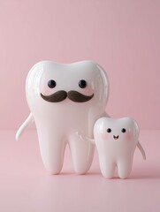 A big father tooth with moustache and a small tooth as a son on pink background