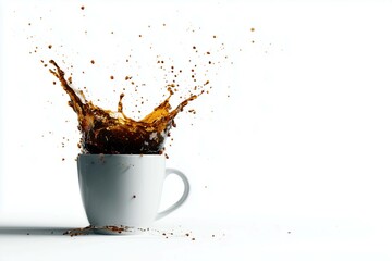 White cup of dark espresso coffee with splashes going up  on white background 