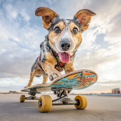 Australian Cattle dog riding a skateboard on the road with cloudy sky at the background