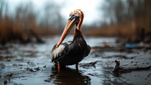 A striking bird captures attention in a serene wetland backdrop, embodying grace and the beauty of wildlife amidst natural elements and muted tones.