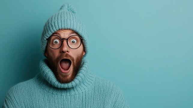 A surprised man wearing an oversized sweater and glasses with a shocked expression, conveying emotions of surprise and excitement in a playful, vibrant setting.