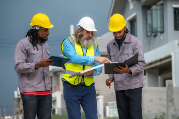 Male diversity site engineers team brainstorming in construction site
