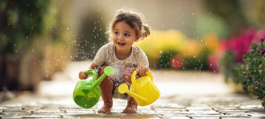 The cheerful child enjoying a playful moment with watering cans in the garden