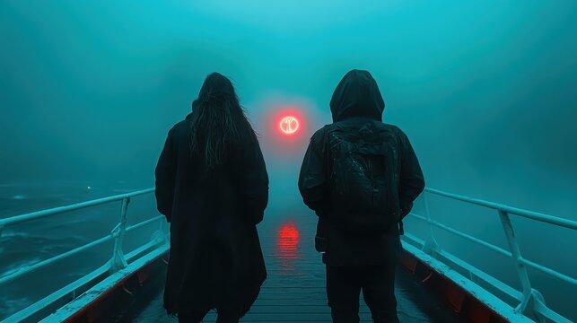Two figures stand on a misty pier, gazing at a striking red sun-like orb, creating a captivating, mysterious atmosphere that evokes contemplation and intrigue.