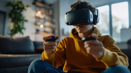 Teen playing VR game in living room Close-up