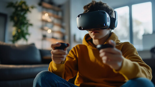 Teen playing VR game in living room Close-up