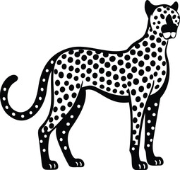 Stylized Black and White Illustration of a Standing Cheetah with Spots