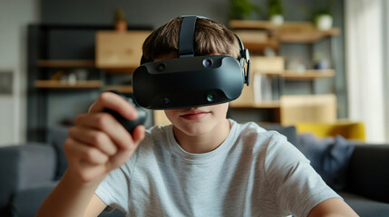 Teen playing VR game in living room Close-up