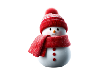Snowman wearing a red hat and scarf with a cheerful expression