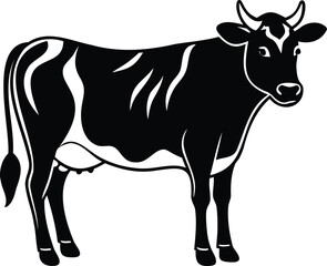Monochrome Image of a Dairy Cow Standing Against a White Background
