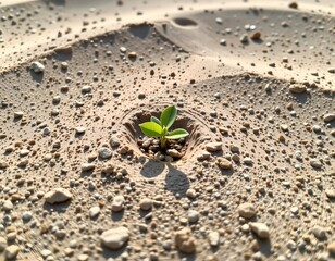 a small green sprout emerging from sand, position at the bottom with ample copy space at the top.