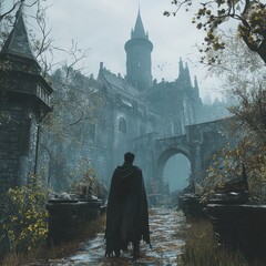 A solitary figure in a dark cloak approaches a weathered gothic castle, shrouded in mist and autumnal decay