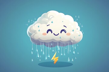 Cartoon emoji of a cloud with thunderbolt and raindrops in pastel clip art style with soft edges 