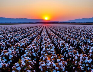 aerial view of a lush cotton field at sunset in a valley, positioned at the top, with glimmering silver tones, clear copy space at the bottom for photo use.