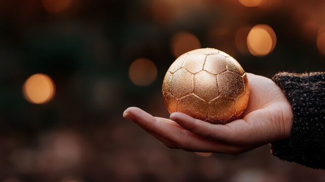 A dazzling golden soccer ball is held in hand against a blurred background, symbolizing triumph, aspirations, and the beauty of the beloved sport.