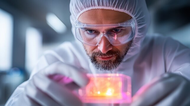 A dedicated scientist in protective gear intently examines a glowing sample, showcasing the fascinating intersection of science and technology in a laboratory setting. - Powered by Adobe