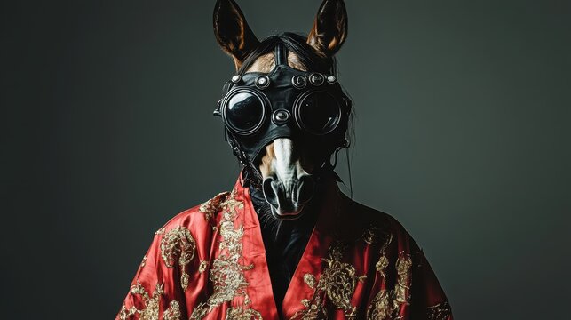 A captivating image of a figure wearing a horse mask and a richly embroidered red robe, creating an intriguing blend of surrealism and fashion in the portrait style.