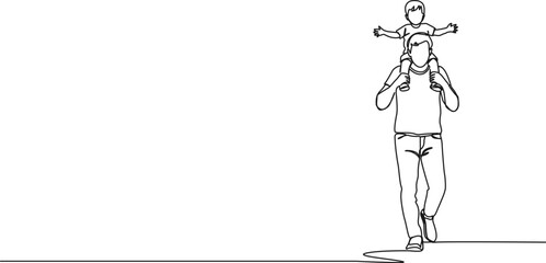 continuous single line drawing of dad carrying young son on shoulders, line art vector illustration