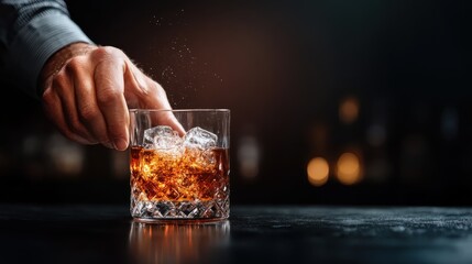 A close-up shot of a hand elegantly pouring ice cubes into a crystal glass, capturing the moment with a sleek and sophisticated vibe conducive for cocktail enjoyment.